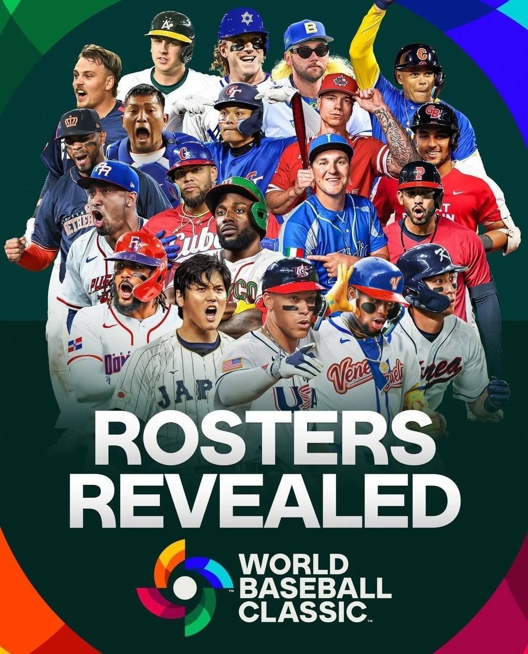 2026 WBC 官方释出各国名单宣传海报，中华队「国防部长」张育成站在第三排中间，与各国球星同框。（图片来源：WBC Official IG）