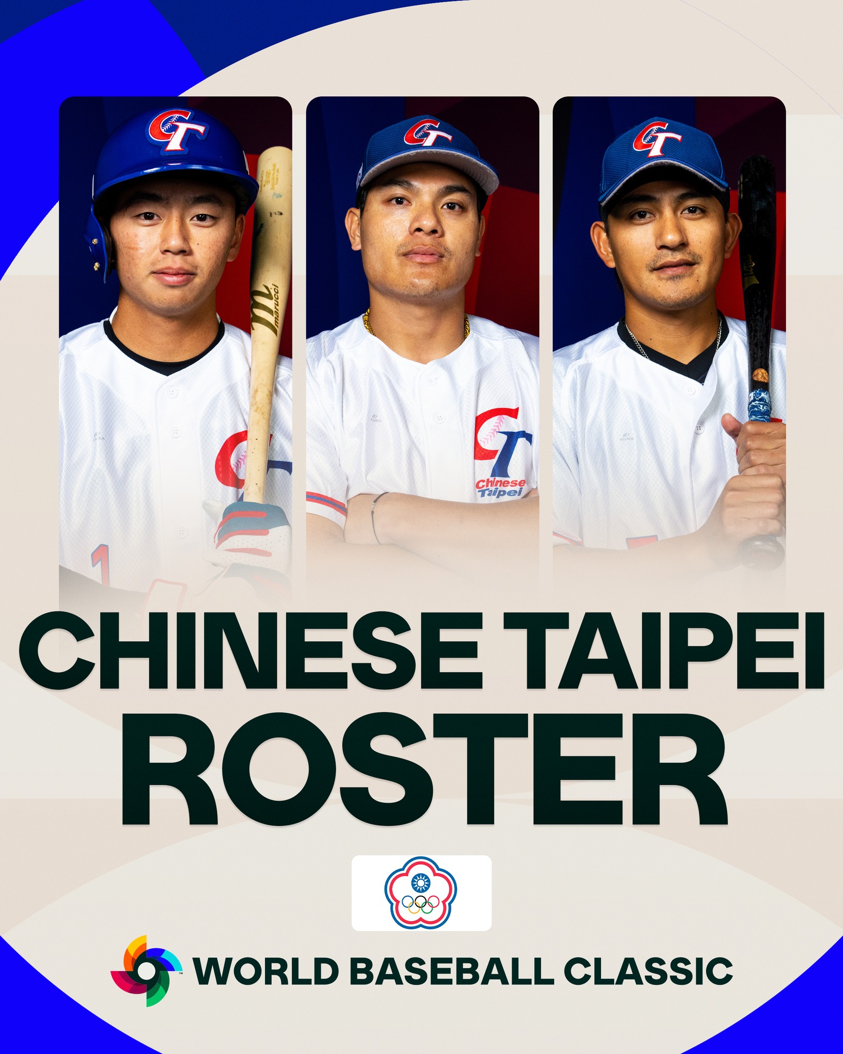 WBC 官方释出 2026 中华队（Chinese Taipei）名单宣传海报，由旅美三剑客郑宗哲（左）、张育成（中）、林子伟（右）代表台湾。（图片来源：WBC Official）